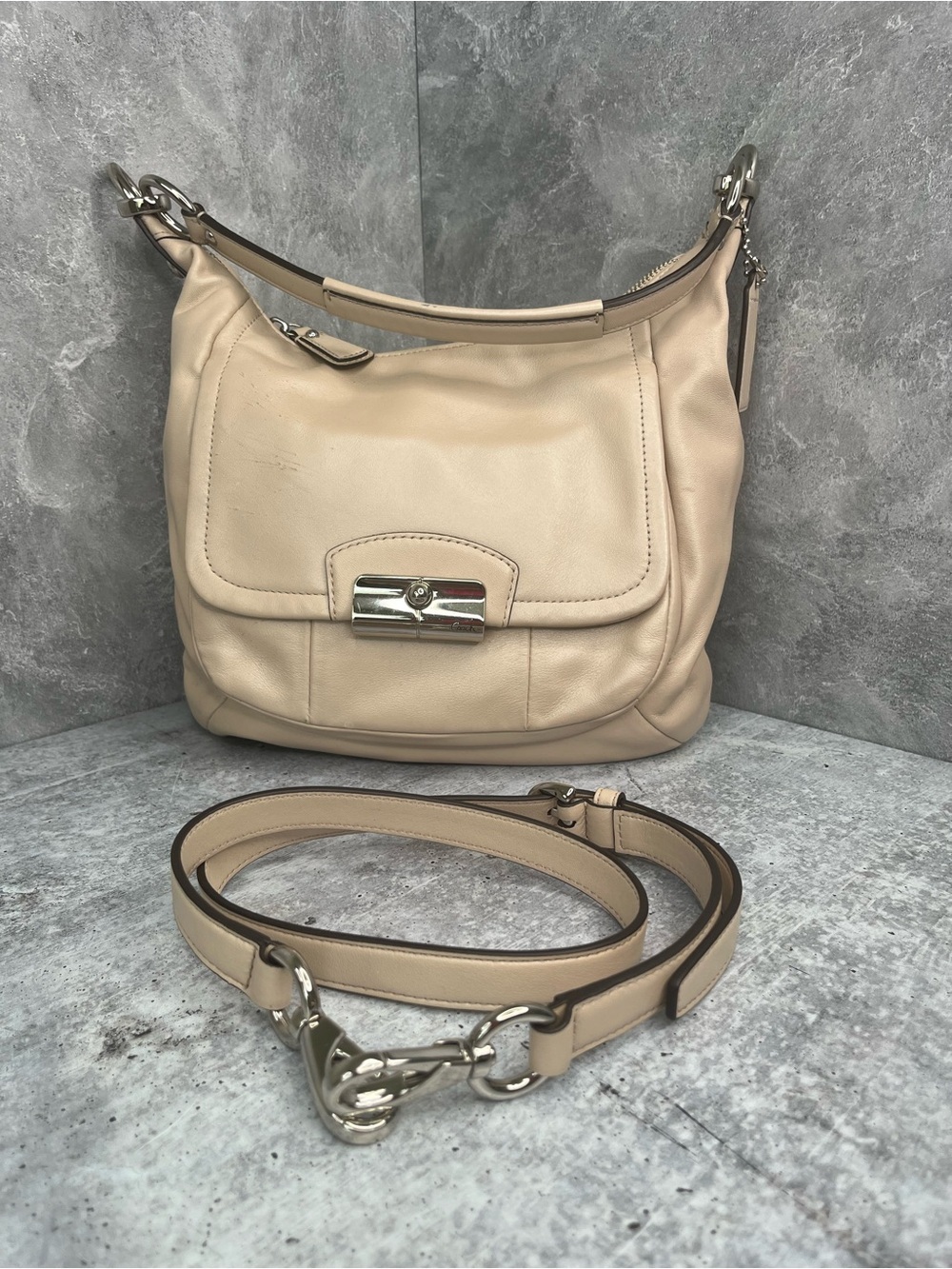 Coach Beige Leather Shoulder Bag with Silver Hardware